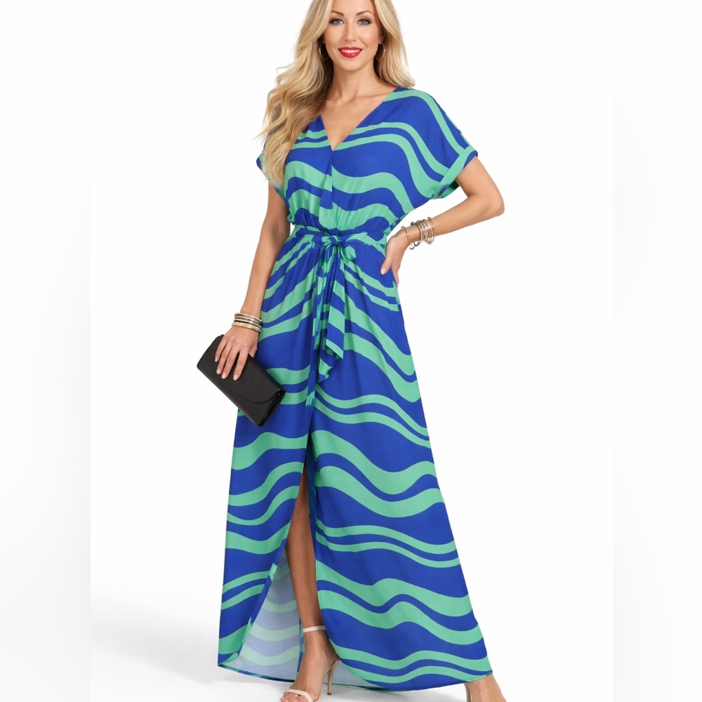 Blue Green Wave Print Maxi Dress Tie Waist V Neck Dolman Sleeves